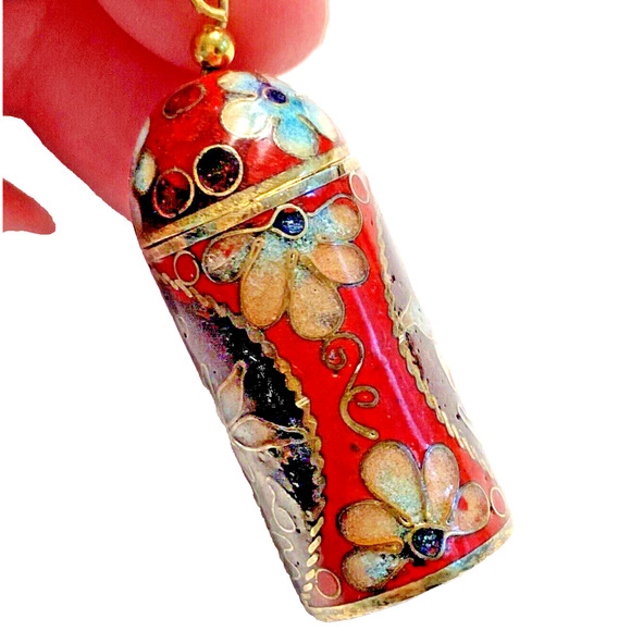 Vintage Cloisonné Enamel on Brass Pendant Cylinder Screw Top Red & Black Floral - Picture 2 of 10